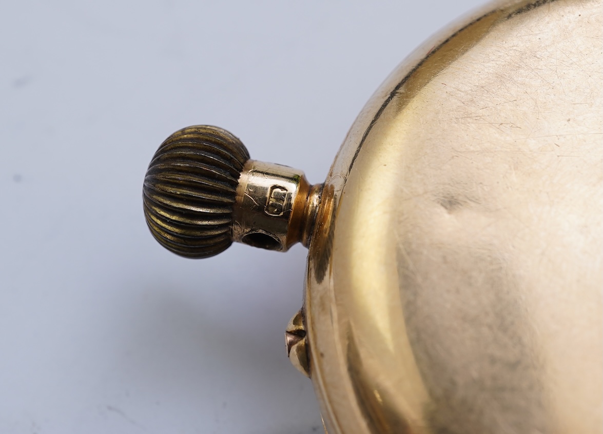A late Victorian 18ct gold open faced keyless fob watch, by Kemp Brothers